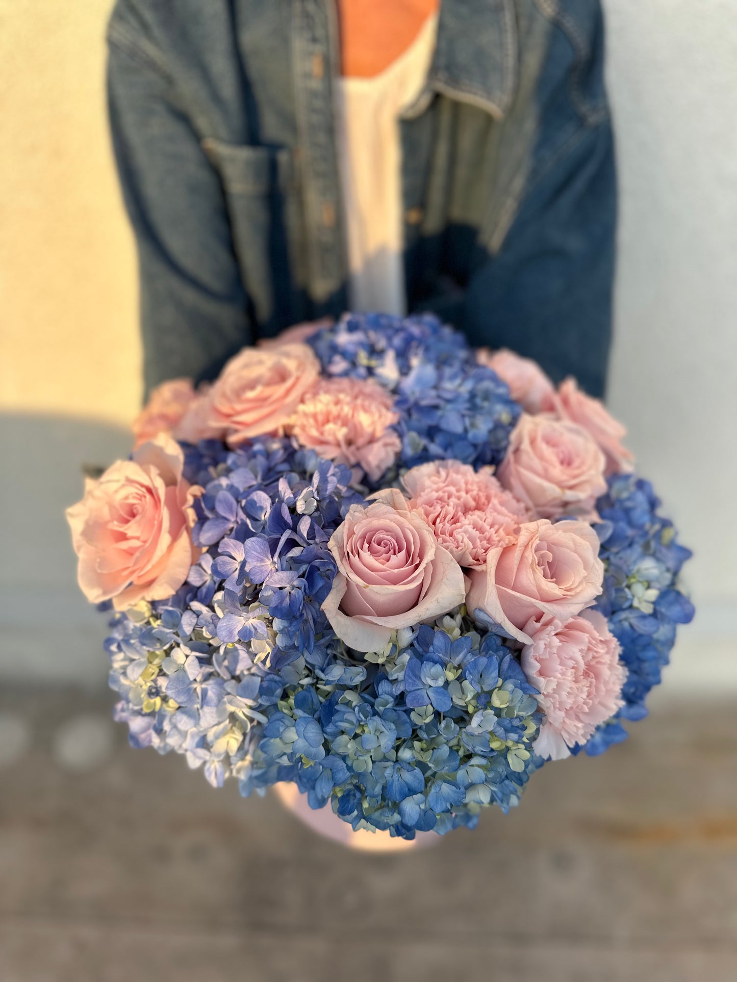 Charming Floral Box - Blue Hydrangea, Pink Roses & Ranunculus
