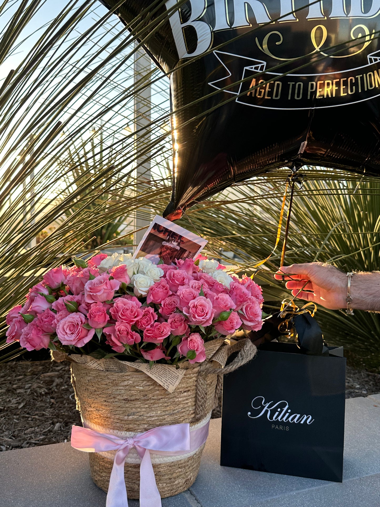 Customizable White & Pink Bush Roses Basket