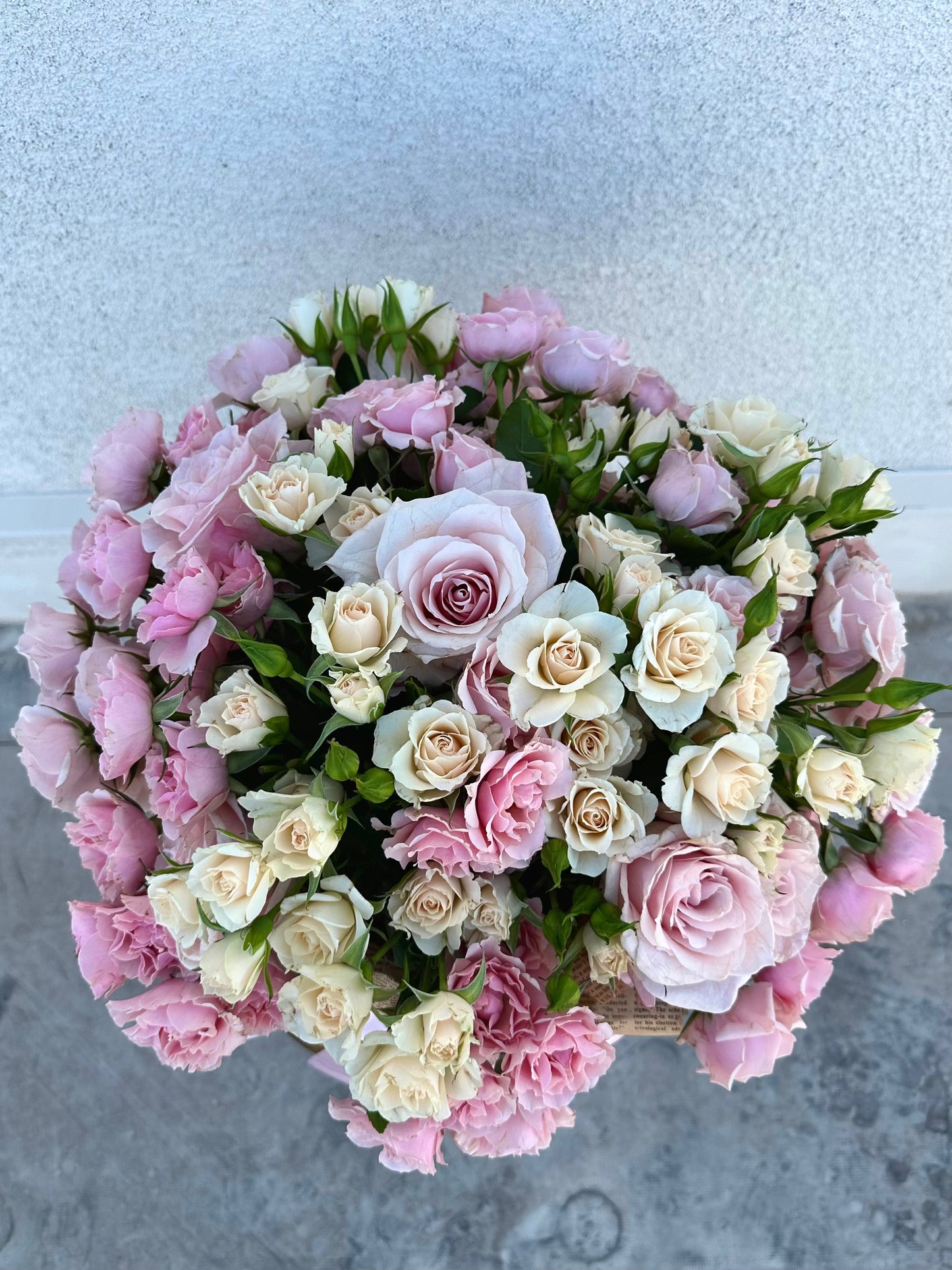 Elegant Pink & White Bush Roses Basket