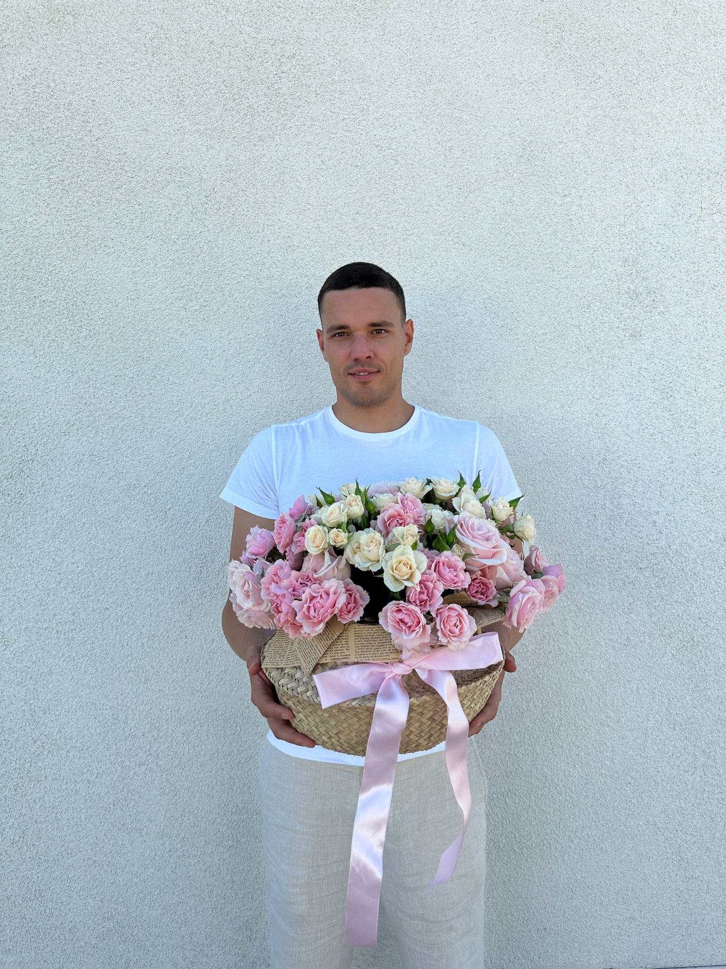 Elegant Pink & White Bush Roses Basket