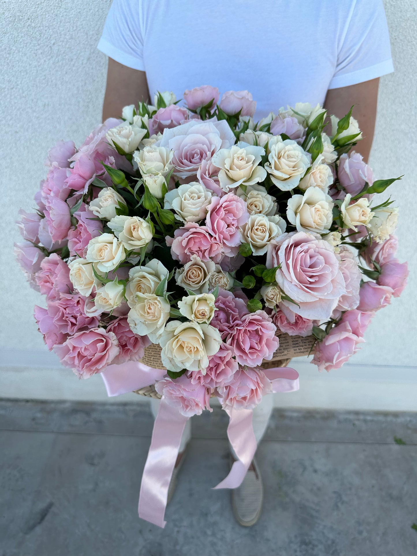 Elegant Pink & White Bush Roses Basket