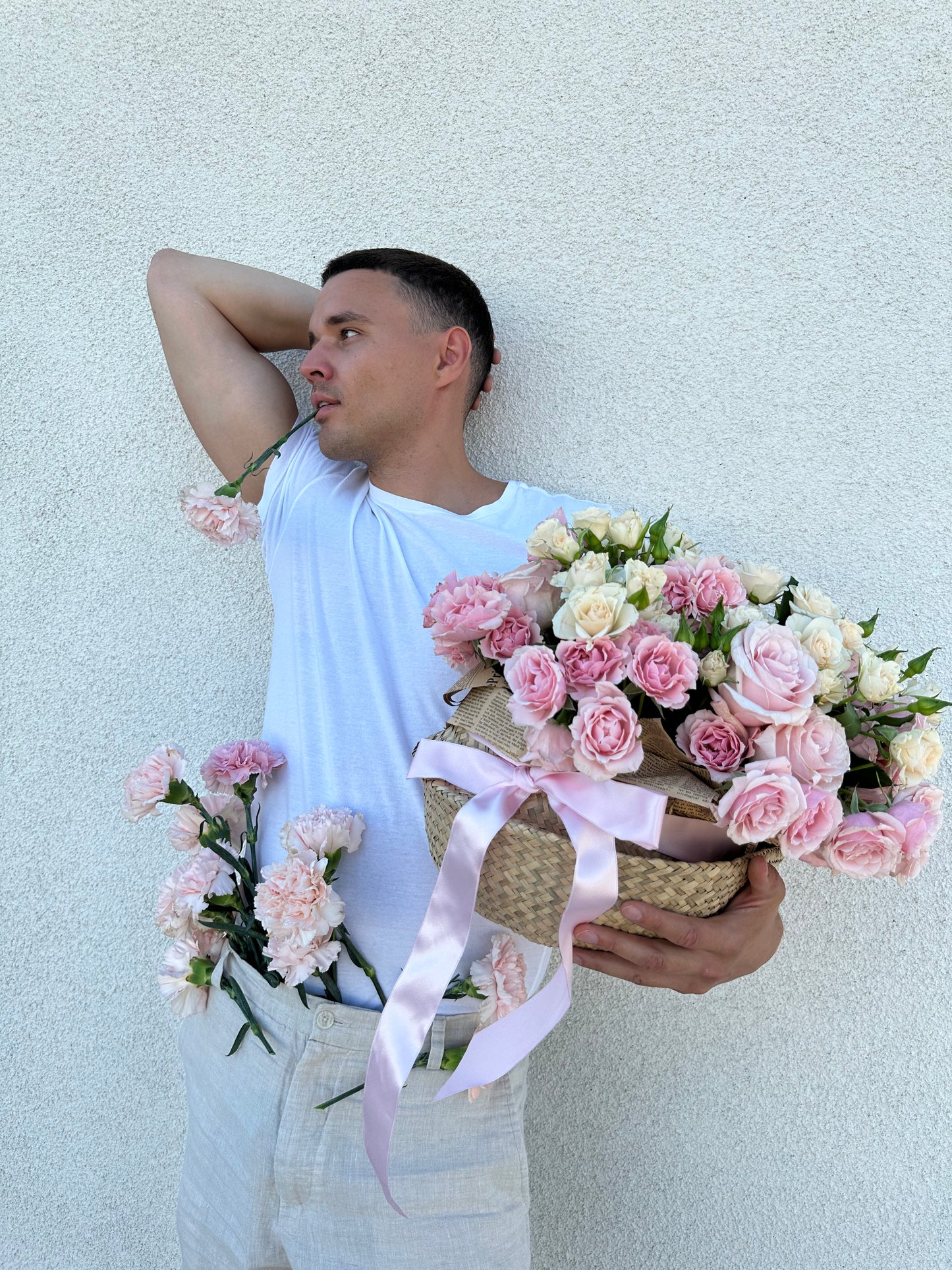 Elegant Pink & White Bush Roses Basket