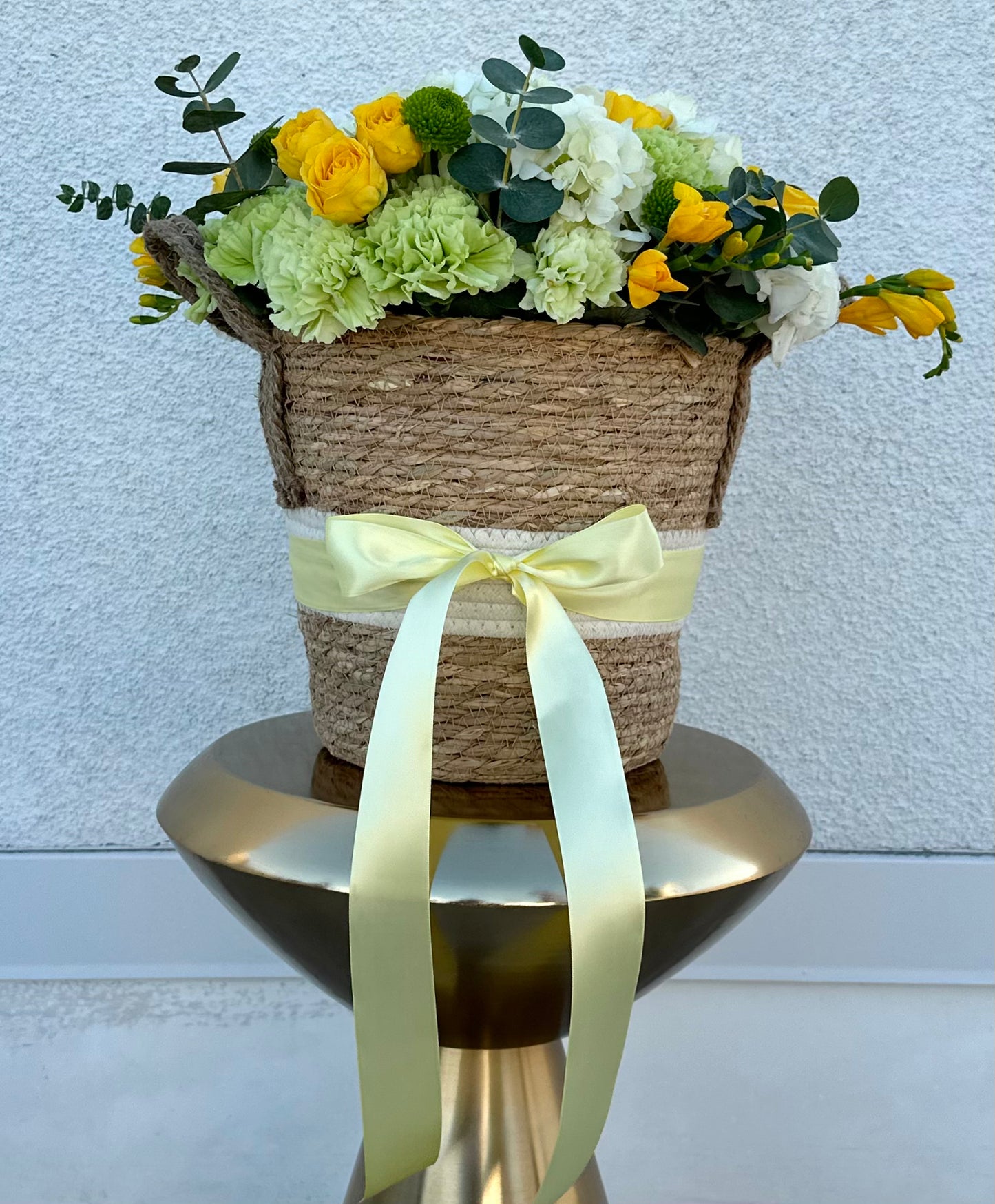 Sunny Yellow Roses & White Hydrangea Basket