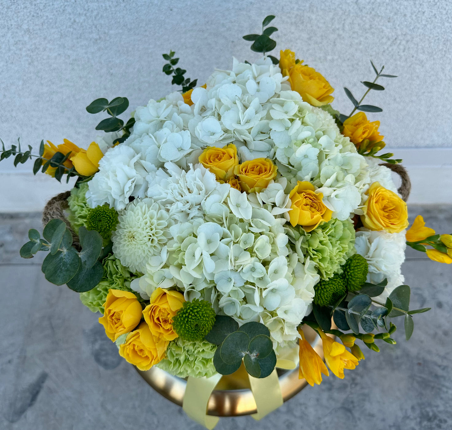 Sunny Yellow Roses & White Hydrangea Basket