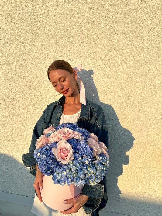 Charming Floral Box - Blue Hydrangea, Pink Roses & Ranunculus