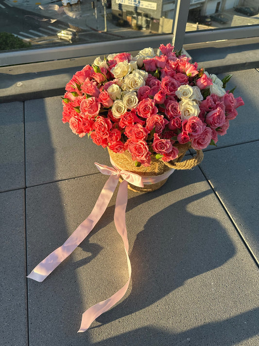 Customizable White & Pink Bush Roses Basket